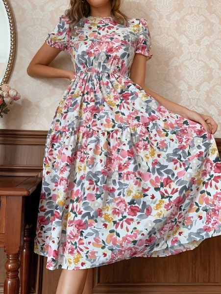 

floral print flounce sleeve flare dress y6ws#, Black;gray