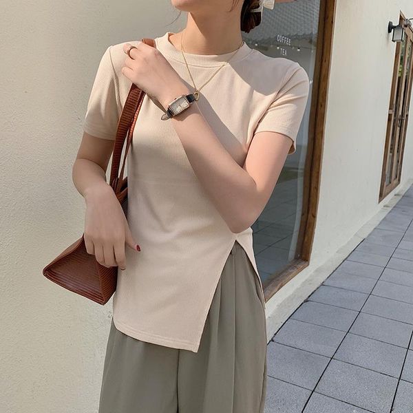 

women's t-shirt korean style women summer solid pullover stylish chic front split t-shirts o-neck short sleeve stretched slim female t, White