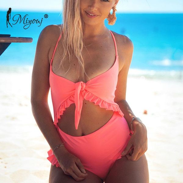 

miyouj solid swimsuit ruffle hollow out swimwear women 2021 push up bandage bathing suit string one piece suits one-piece
