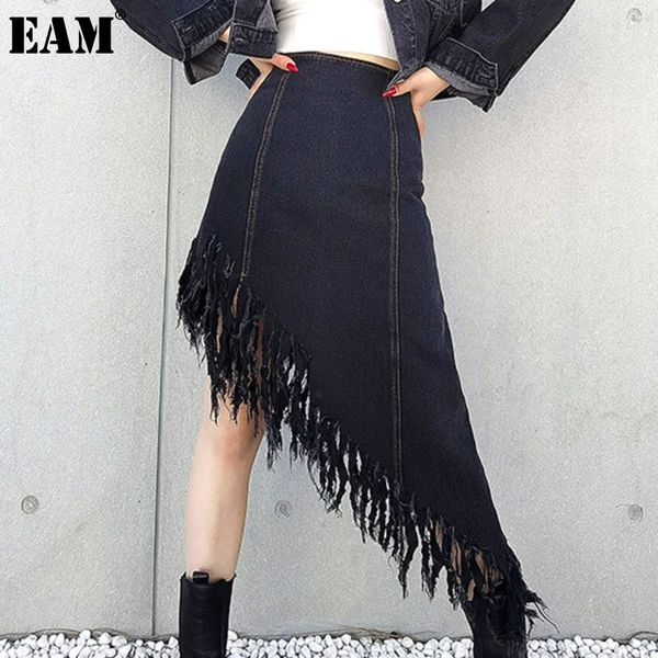 

[eam] high waist black denim burr asymmetrical long half-body skirt women fashion spring autumn 1dd6258 21512