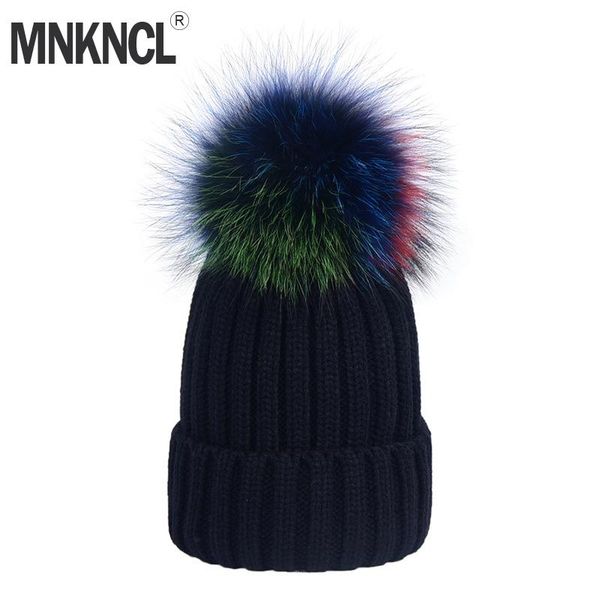 

real colorful fur knitted hat 100% raccoon pom winter women beanie for beanie/skull caps, Blue;gray