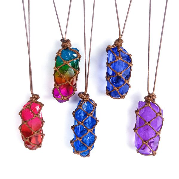 

irregular natural crystal stone colorful plated pendant necklaces with chain for women men handmade rope braided jewelry, Silver