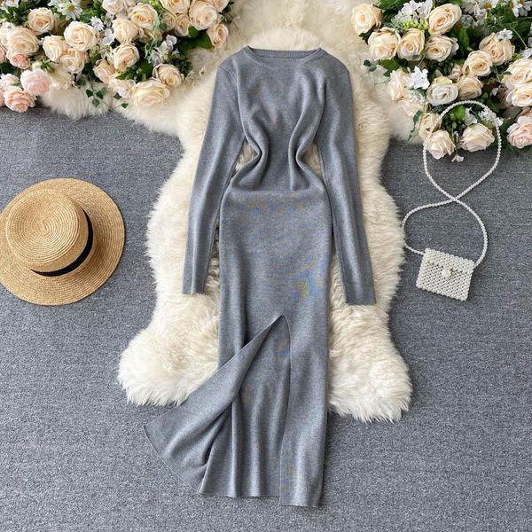 

casual dresses teeuiear slim split autumn bodycon knitted sweater midi long dress knit winter party women tunic elegant, Black;gray