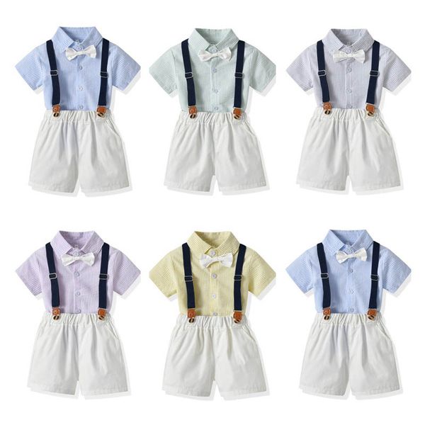 

boys clothing sets kids suits summer cotton striped short sleeve bow tie shirts suspenders shorts child outfits gentleman wear party b7261, White