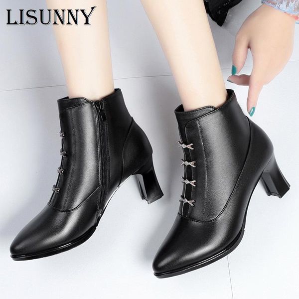 

boots lisunny high heel women 2021 genuine leather shoes pointed toe women's dress winter ankle for, Black