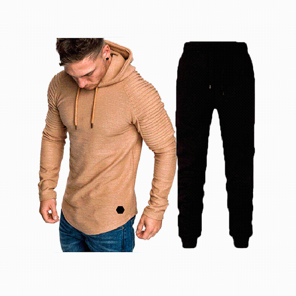

jogging clothing spring autumn men's two-piece set sportswear suit striped pleated raglan sleeve hoodies+ pants fashion male tracksuit, Black;red