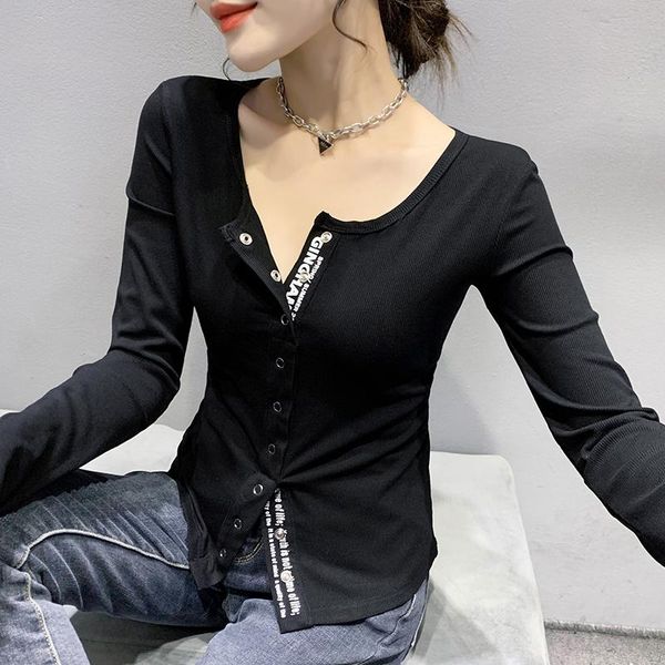 

women's t-shirt fall winter european clothes lady cotton chic o-neck button pullover women long sleeve tees, White