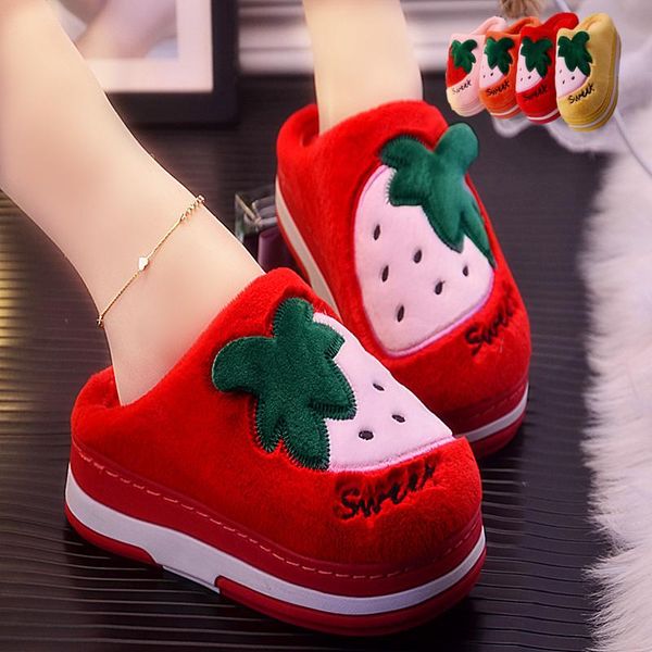 

slippers autumn and winter 2021 women's thick bottom plus velvet warm sweet strawberry home cotton, Black