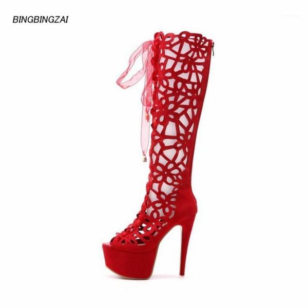 

boots bbzai pattern europe and america hollowing out women's shoes woman 15cm thin heels stage performance nightclub, Black