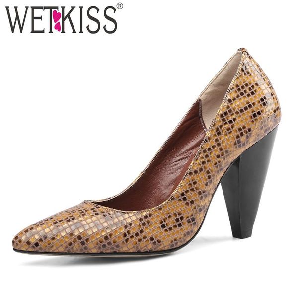 

dress shoes wetkiss spike heels high pumps women pointed toe footwear shallow female print cow leather woman spring 2021, Black