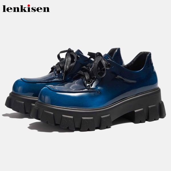 

dress shoes lenkisen genuine leather thick bottom preppy style round toe waterproof fashion daily wear classic lace up big size pumps l5f2, Black