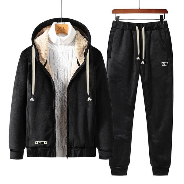 

men's tracksuits 2021 winter fleece the black trend keep warm loose casual sweatshirts tracksuit men sport suit, Gray