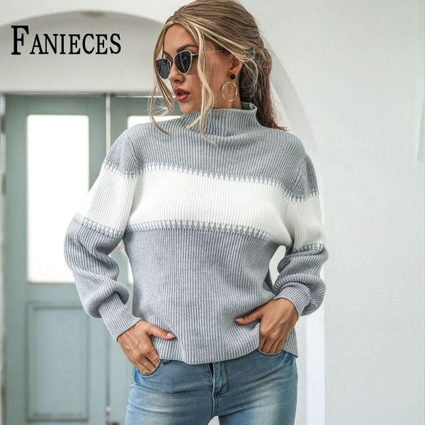 

women autumn winter fashion casual high neck stitching knit sweater lantern sleeve contrast color sweaters pullover 210520, White;black