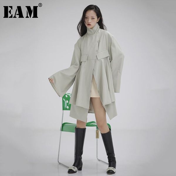 

women's jackets [eam] loose fit asymmetrical hollow out big size jacket stand collar long sleeve women coat fashion tide spring 2021 jo, Black;brown