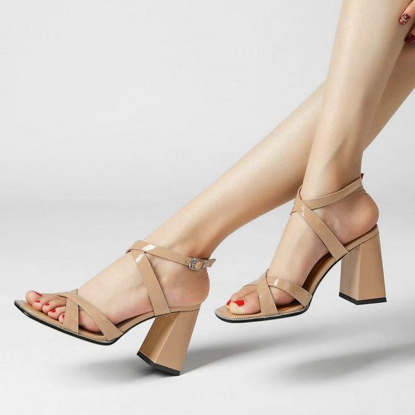 

sandals red black nude high heel women fashion round toe thick cross-strap woman shoes ladies daily