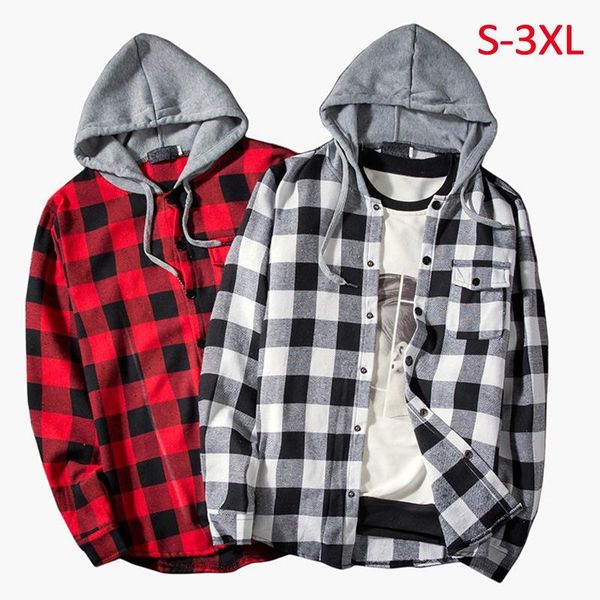 

men's casual shirts men hooded shirt classic plaid long sleeve clothing mens print, White;black
