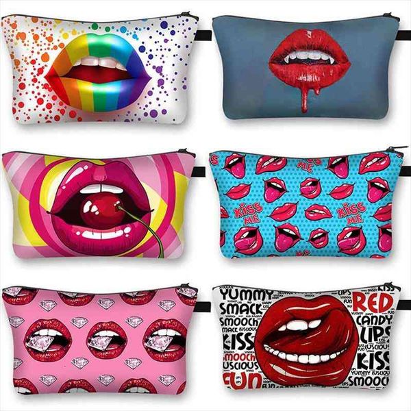 

sensual woman red lips printed cosmetic bag fashion girl cosmetic case multicolor ladies portable travel makeup bag