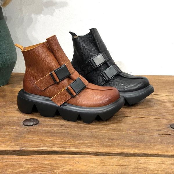 

boots 208-3 autumn and winter handmade genuine leather platform ankle muffin bottom cowhide women, Black