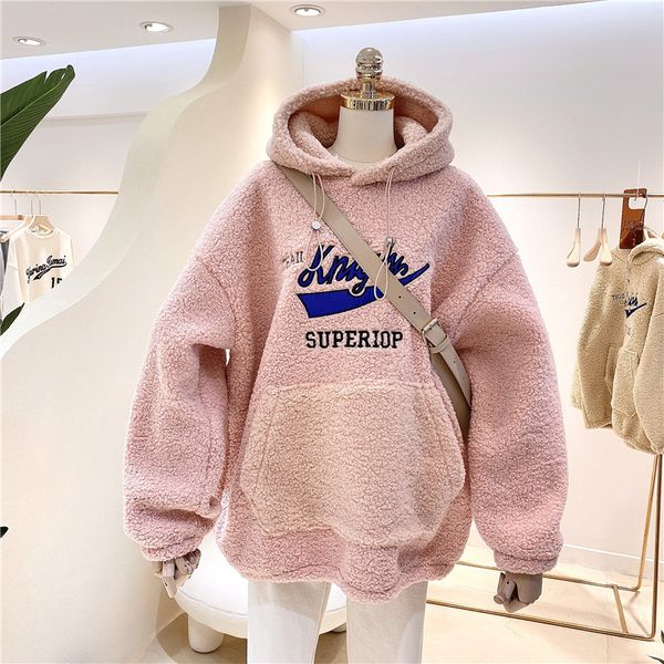 

good quality 380g lamb cashmere embroidered sweater women's winter hooded plush thickened large wea, Blue;black