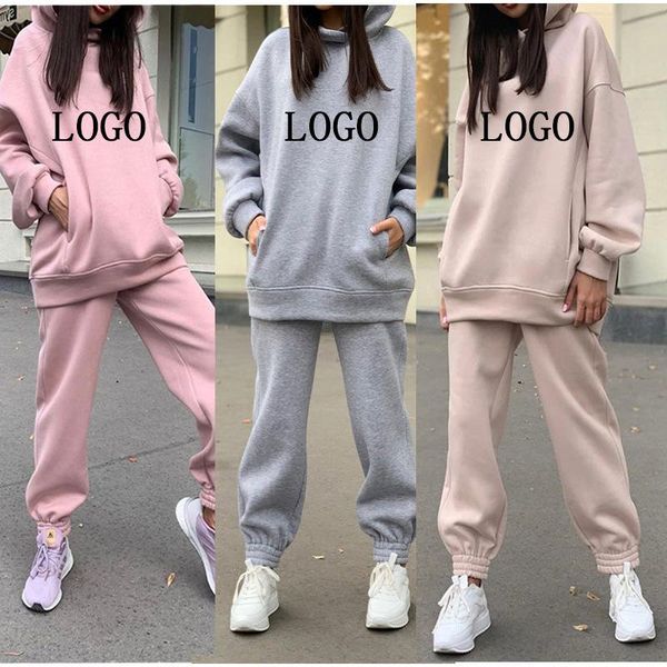 

women's hoodies & sweatshirts custom logo women casual tracksuit hooded sweatshirt pants sets sport wear suit plus velvet sweatpants, Black