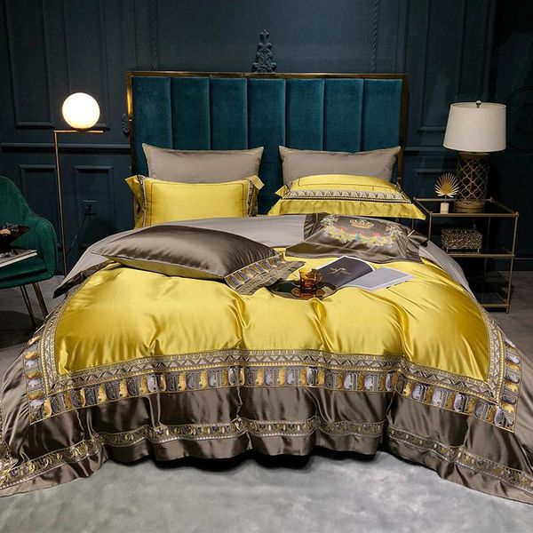 

bedding sets 4/6/8/10pcs solid set luxury gold/yellow bed linen silk/cotton cover for home double 150 duvet sheet