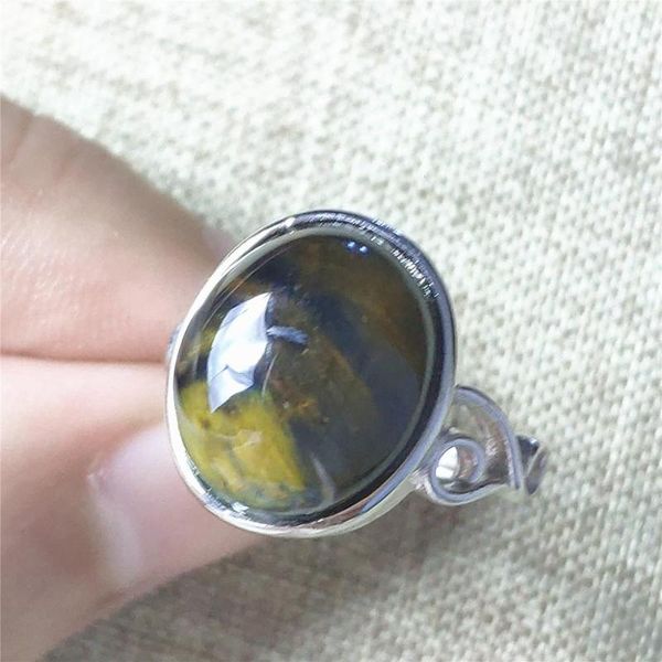

cluster rings genuine namibia natural pietersite yellow light gemstone ring chatoyant adjustable size 14x12mm woman 925 sterling silver, Golden;silver