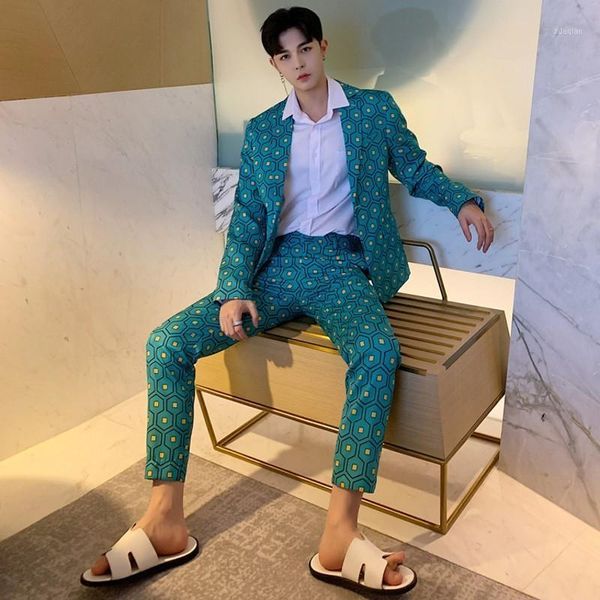 

men's suits & blazers 2pcs men suit fancy coat casual ankle-length pant 2021 korean trendy mens clothing boys slim fit printing, White;black