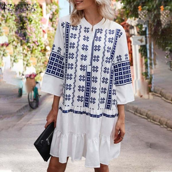 

casual dresses zanzea summer women 3/4 sleeve floral printed sundress bohemian ruffles mini dress fashion beach party vestido plus size 2021, Black;gray