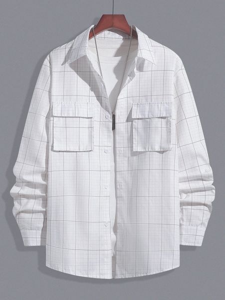 

men windowpane print flap pocket shirt z3da#, White;black