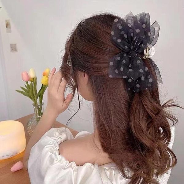 

hair accessories crab clips girls elegant bow mesh color yarn dots holder ribbon ponytail bo b3j5, Slivery;white