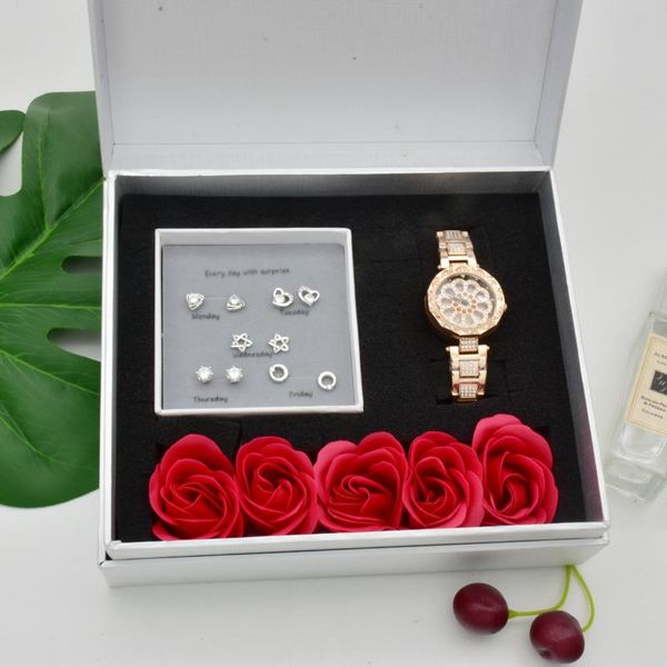 

women 360 degree rotation watches luxury rose gold diamond ladies watch fashion quartz wristwatch earrings flowers gift box set wristwatches, Slivery;brown