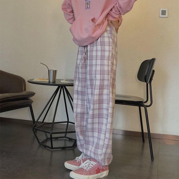 

vintage pink plaid womens capris elastic waist plus size clothing casual loose wide leg pockets harajuku korean pocket clothes, Black;white