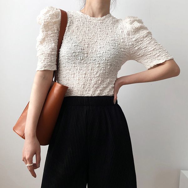 

women's t-shirt new vintage puff sleeve slim woman t-shirts crumpled o neck solid color high elastic summer women fashion clo, White