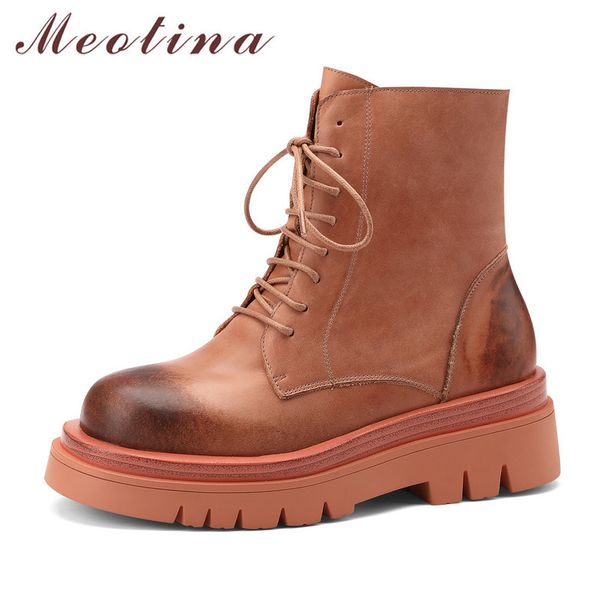 

women ankle boots shoes real leather platform mid heel motorcycle zip block heels cross tied short brown 40 210517, Black