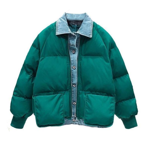 

women's down & parkas korean winter fall casual womens female green beige black denim patchwork padded thick coat , woman fashion parka
