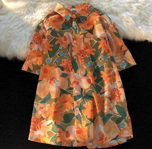 

women's polos 2021 classic style blusas mujer de moda vintage orange print turn-down collar shirts button loose blouse women, White