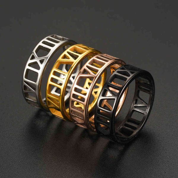 

6mm simple stainless steel ring roman numerals hollow cool punk rings for men women lover couple ring wedding fashion jewelry g1125, Slivery;golden