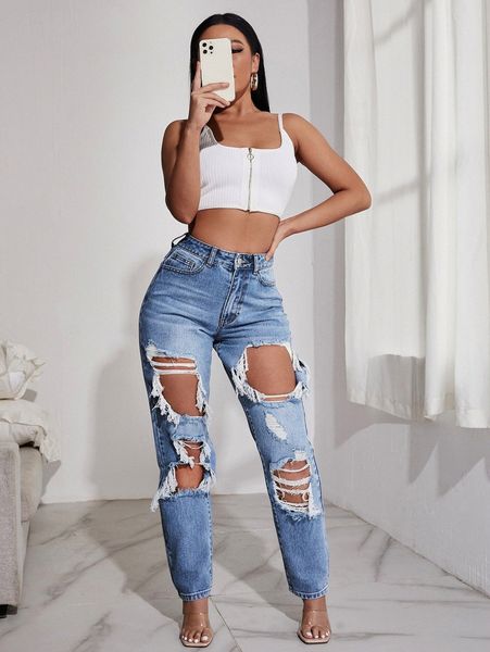 

sxy high waist light washed ripped straight jeans a5rg#, Blue