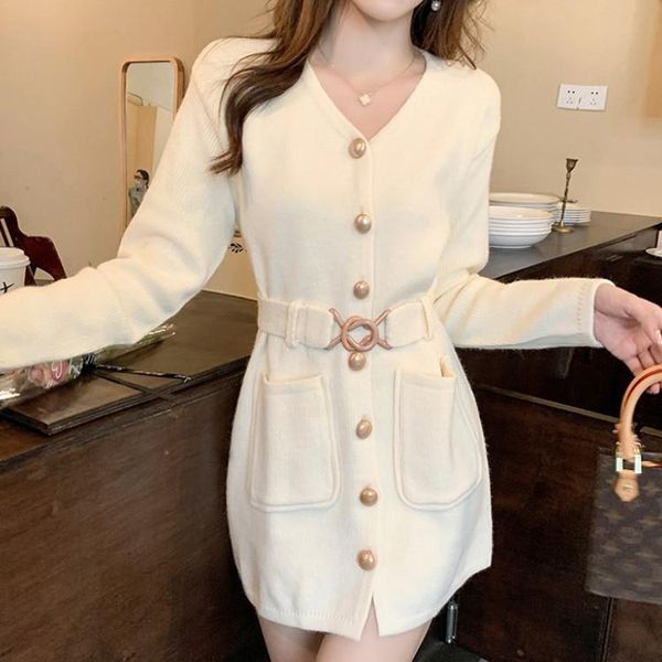

casual dresses 2021 women autumn sweater dress elegant fashion white v-neck knitted single breasted with belt vestidos, Black;gray