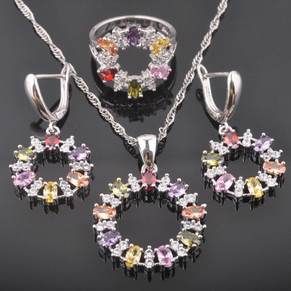

earrings & necklace 2021 multicolor zirconia women's silver color jewelry sets pendant rings engagement gift qz0413