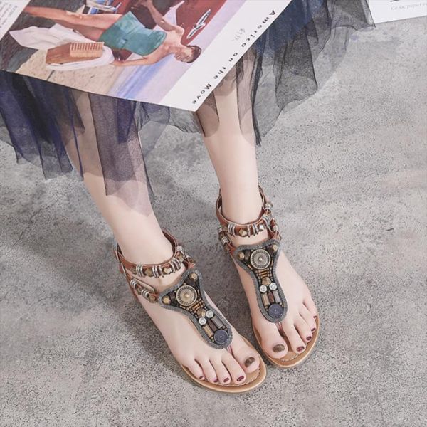 

sandals 2021 summer casual fashion wild bohemian ethnic retro roman style word buckle flat low heel beaded women's zz184, Black