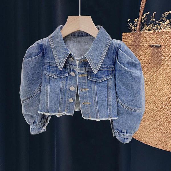 

jackets born girl outfit kids denim jacket for girls autumn jeans coat children clothes fashion puff sleeve short baby, Blue;gray
