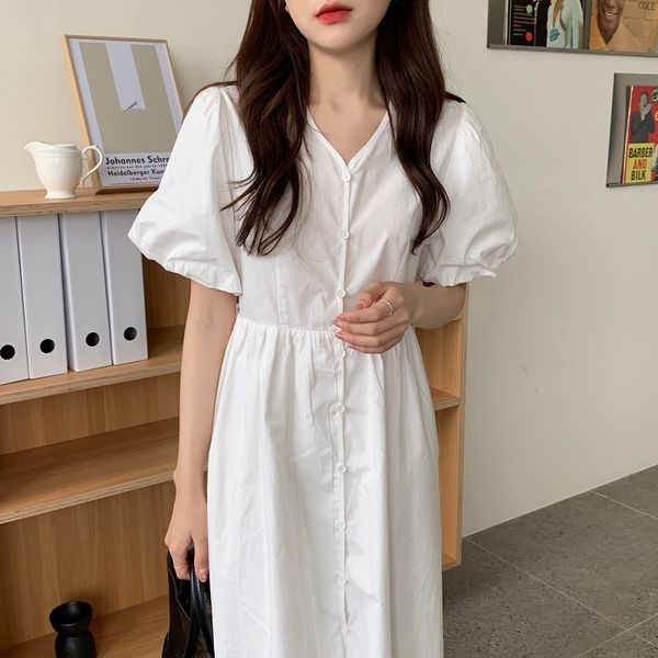 

korean gentle simple net version waist belt thinning v-neck single-breasted puff sleeve dress 210429, Black;gray