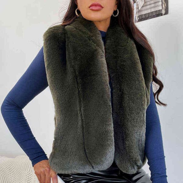

fashion warm faux fur coat winter pocket women's casual sleeveless cardigan turn-down collar 211207, Black