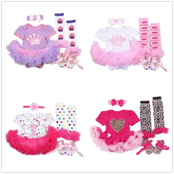 Prinzessin Baby Mädchen Kleidung 4 in 1 Sets Spitze Tutu Kleid Krone Neugeborenen Body Leggings Schuh Haarband Bebe Overalls Baumwolle Hemd 210413