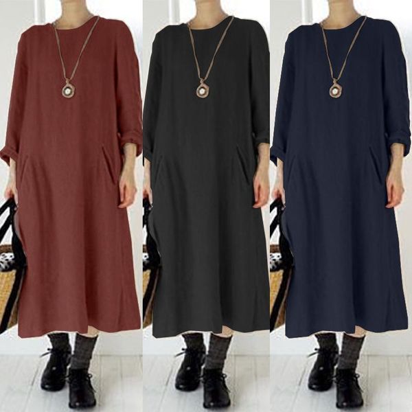 

casual dresses zanzea 2021 women's autumn sundress kaftan cotton midi dress long sleeve vestidos female solid hollow robe plus size 5xl, Black;gray