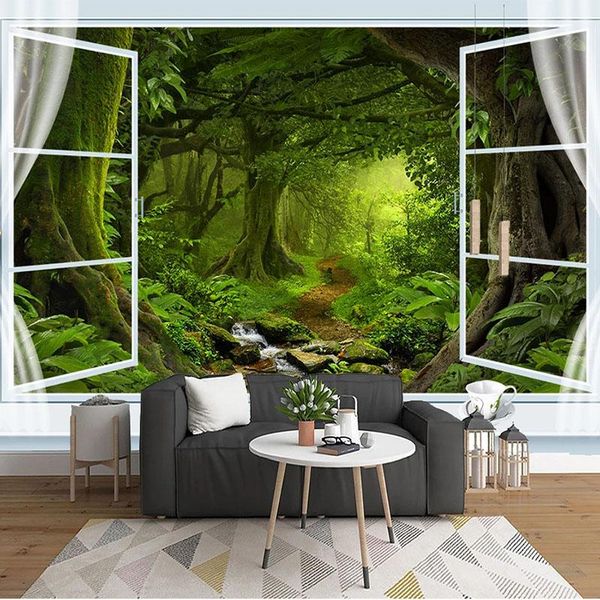 

wallpapers custom any size mural wallpaper 3d window green tree forest landscape nature scenery wall painting living room papel de parede