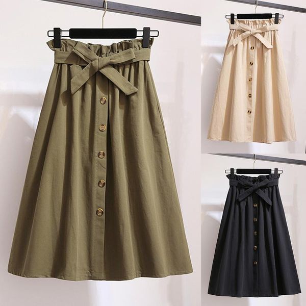 

skirts women's casual high waist pleated a-line solid midi skirt with pockets harajuku cute sweet girls, Black
