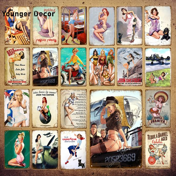 

funny lady poster car airplane with pin up girls metal signs vintage art painting craft pub bar home wall decor yi-108