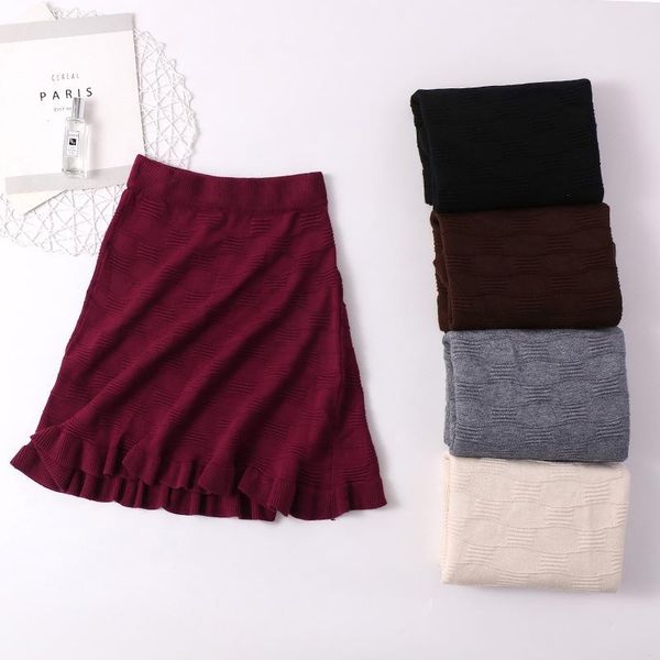 

women ruffles knitted skirt autumn winter korean high waist solid knitwear skirts elastic casual a-line sweater, Black